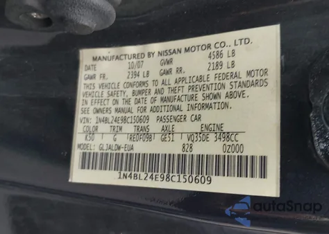 2008 Nissan Altima 3.5 Se from USA, damaged, VIN 1N4BL24E98C150609